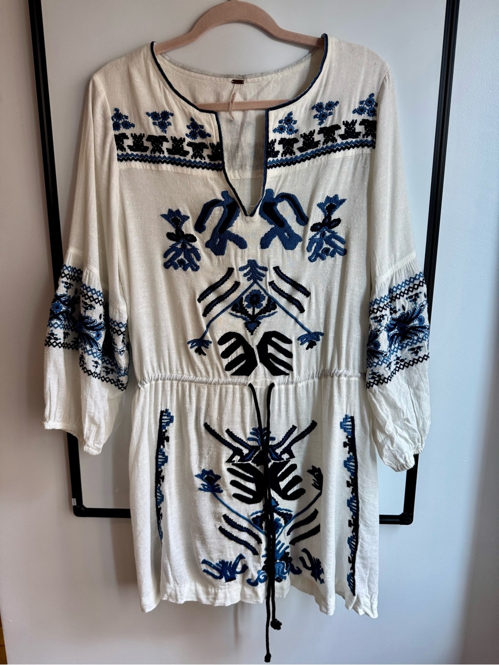 Embroidered White Tunic Dress with Blue Motif
